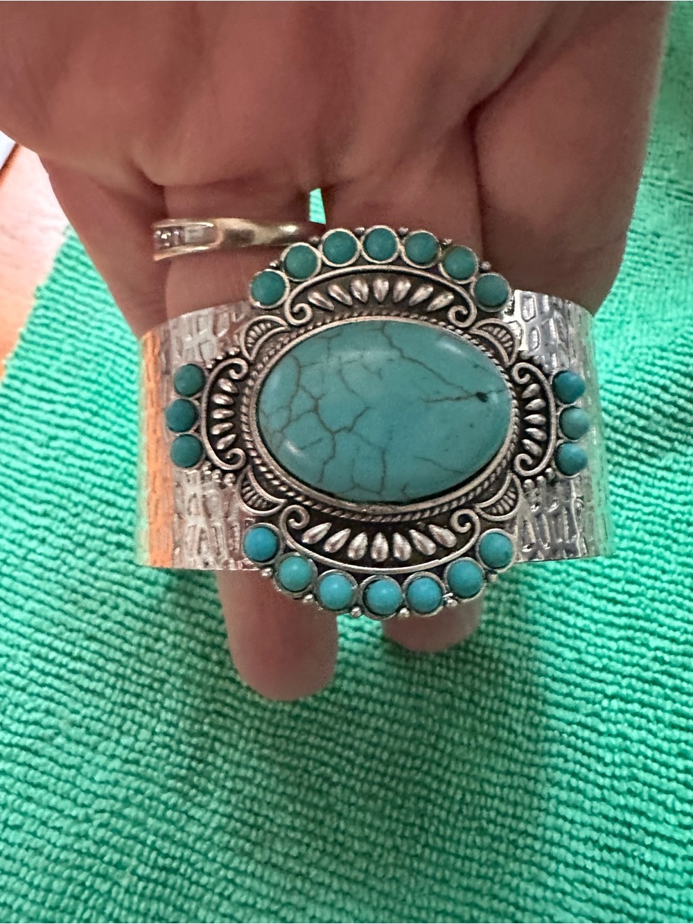 Source Unknown Silver Cuff Bracelet with Turquoise Stones